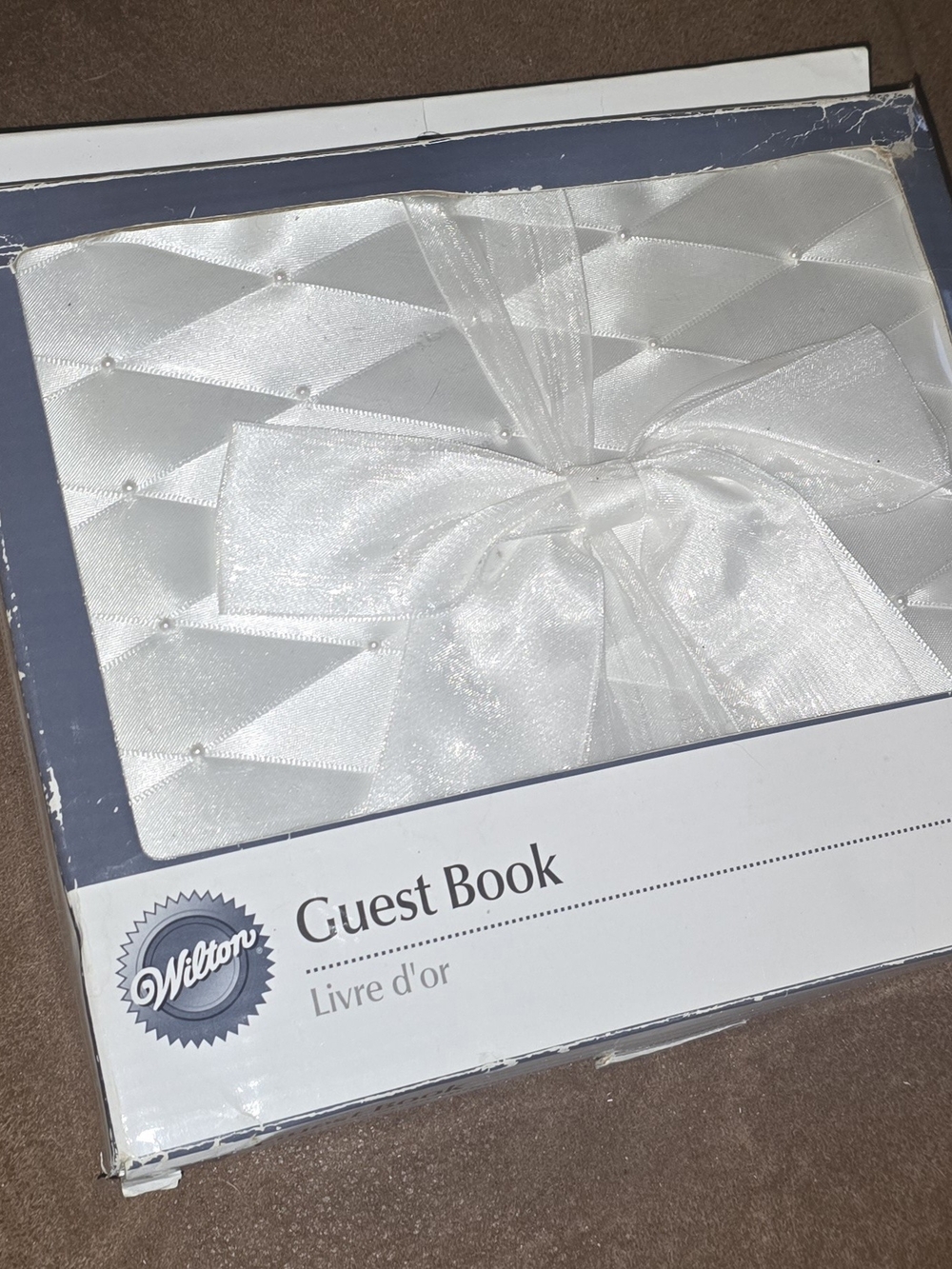 Wilton White Satin Guest Book with Pearl-Tufted Cover and Bow